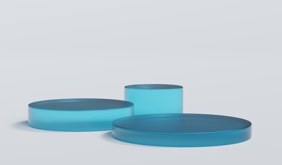 Sky Blue Matte Glass Cylinder Podium Platform Scene Stand White Grey Background Show Cosmetic Bottle Beauty Products 3 Three Pedestals Showcase On Display Workshop Mockup Realistic 3D Illustration