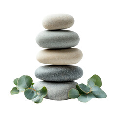 Fototapeta premium Stacked Stones with Eucalyptus Leaves on Transparent Background