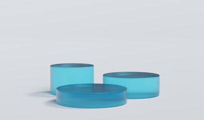 Sky Blue Matte Glass Cylinder Podium Platform Scene Stand White Grey Background Show Cosmetic Bottle Beauty Products 3 Three Pedestals Showcase On Display Workshop Mockup Realistic 3D Illustration