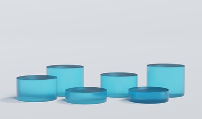 Sky Blue Matte Glass Cylinder Podium Platform Scene Stand White Grey Background Show Cosmetic Bottle Beauty Products 6 Six Pedestals Showcase On Display Workshop Mockup Realistic 3D Illustration