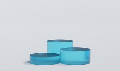 Sky Blue Matte Glass Cylinder Podium Platform Scene Stand White Grey Background Show Cosmetic Bottle Beauty Products 3 Three Pedestals Showcase On Display Workshop Mockup Realistic 3D Illustration