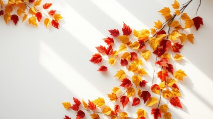 Autumnal Branch with Red and Gold Leaves Arranged on White Background in Sunlight