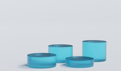 Sky Blue Matte Glass Cylinder Podium Platform Scene Stand White Grey Background Show Cosmetic Bottle Beauty Products 4 Four Pedestals Showcase On Display Workshop Mockup Realistic 3D Illustration