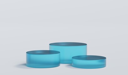 Sky Blue Matte Glass Cylinder Podium Platform Scene Stand White Grey Background Show Cosmetic Bottle Beauty Products 3 Three Pedestals Showcase On Display Workshop Mockup Realistic 3D Illustration