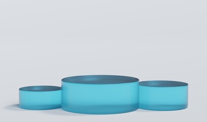 Sky Blue Matte Glass Cylinder Podium Platform Scene Stand White Grey Background Show Cosmetic Bottle Beauty Products 3 Three Pedestals Showcase On Display Workshop Mockup Realistic 3D Illustration