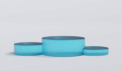 Sky Blue Matte Glass Cylinder Podium Platform Scene Stand White Grey Background Show Cosmetic Bottle Beauty Products 3 Three Pedestals Showcase On Display Workshop Mockup Realistic 3D Illustration