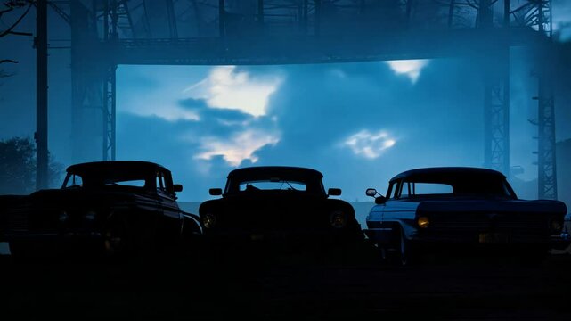 Camera pans across a line of vintage cars in an abandoned drive-in theater with shadowy figures inside