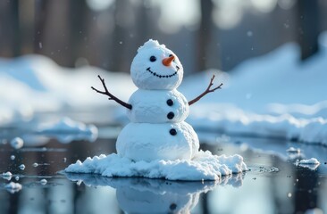 Obraz premium melted snowman in a puddle next to snowdrops in the forest 