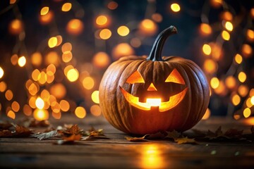 Fototapeta premium Halloween Jack-o'-lantern Bokeh, Spooky Pumpkin Carving, Autumn Night Photography, Festive Fall Decor