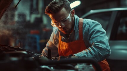 mechanic inspecting car engine