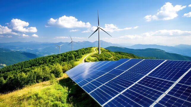 Renewable energy sources with solar panels and wind turbines in a scenic landscape. - Powered by Adobe