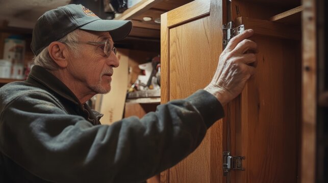 elderly craftsman working on wooden cabinet
