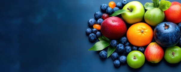 Colorful assortment of fresh fruits on a dark background, vibrant and healthy display.