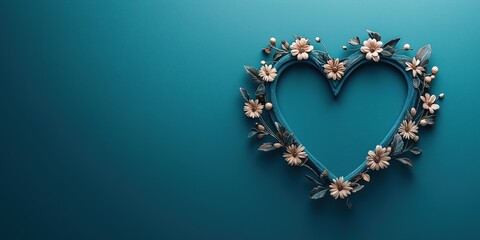 Fototapeta premium Decorative heart-shaped frame adorned with flowers against a teal backdrop