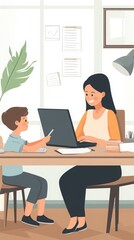 Mother Working from Home with Child at Desk