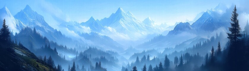 Obraz premium Breathtaking mountain landscape with mist, peaks, and forests under a blue sky.