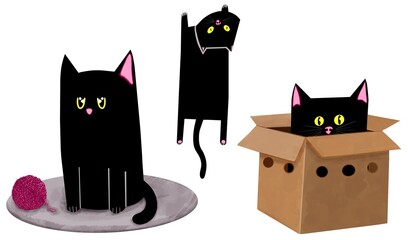 Black cats set. Naughty doodle cats playing on isolated background.