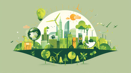 Naklejka premium Eco-City Skyline: A vibrant illustration of a sustainable metropolis nestled within lush greenery, showcasing eco-friendly technologies and a harmonious blend of nature and urban development. 