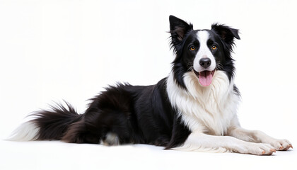 Fototapeta premium Beautiful black and white Border Collie, laying down side ways, mouth slightly open, looking towards camera, isolated on a white background