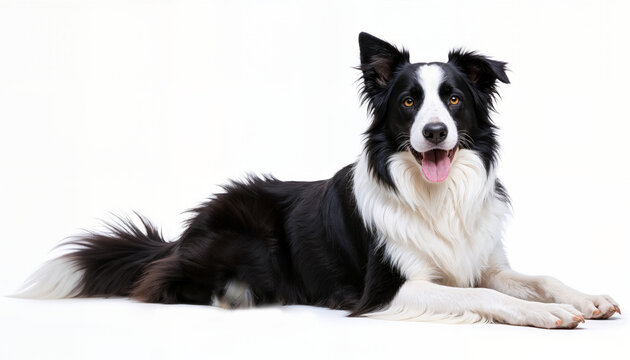 Beautiful black and white Border Collie, laying down side ways, mouth slightly open, looking towards camera, isolated on a white background