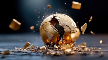 A cracked golden globe with fragments, symbolizing a shattered world.