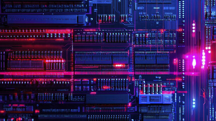 Obraz premium vibrant close up of circuit board showcasing intricate electronic components and colorful LED lights. design highlights technology and innovation in modern digital landscape