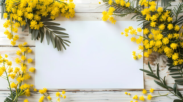 Mimosa Bloom Frame:  A blank card or invitation nestled amidst a vibrant, springy frame of mimosa blooms. Rustic woodgrain background. Perfect for springtime announcements and greetings.