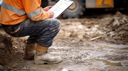 construction worker filling out forms on a muddy site