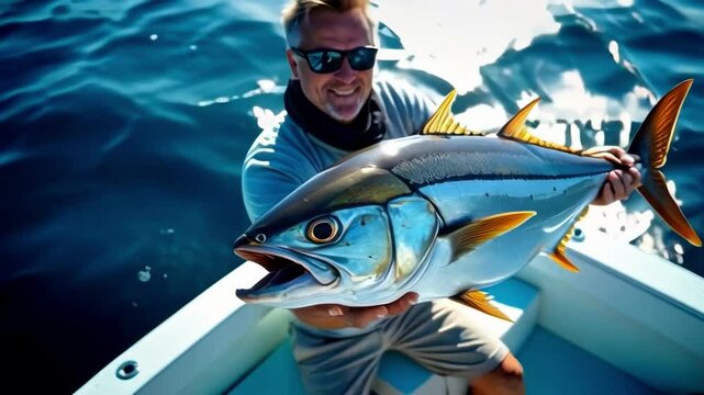 Sport fishing for deep sea on a yacht in the ocean. A contented male angler clutching a larger, grenadier fish