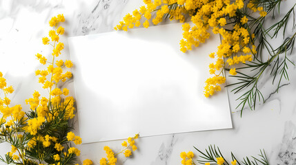 Mimosa Spring Invitation: Blank card mockup elegantly framed by vibrant yellow mimosa flowers. Perfect for spring announcements, wedding stationery, or any celebratory message.