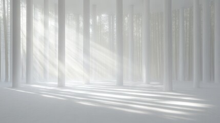 Obraz premium Misty forest with sunbeams shining through trees, creating a serene and magical atmosphere.
