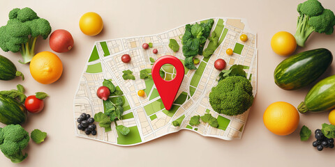 Map with a red navigation pin and fresh vegetables on a light background, featuring copy space for text
