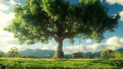 Big tree with swing on green field