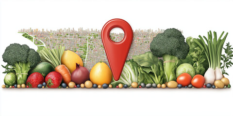 Map background with a red navigation pin and fresh vegetables arranged in front, featuring copy space for text
