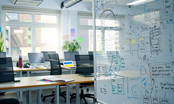 Modern Office Workspace with Brainstorming Session on Glass Whiteboard