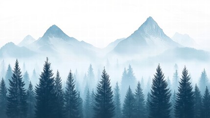 Fototapeta premium Misty mountains surrounded by evergreen trees, creating a serene and tranquil atmosphere in nature.