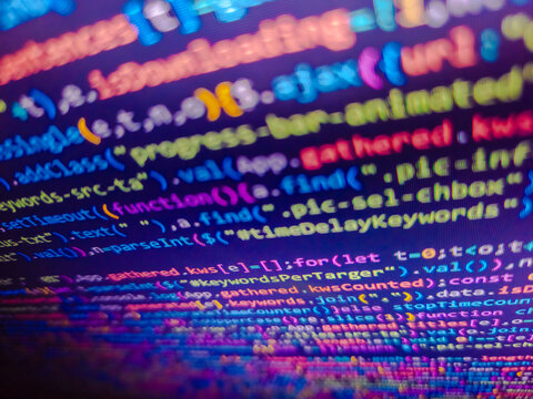 Screen with software developer code. Search job or abstract course template for programming job. Screen of code for overlay background. Demand for experienced programmers. Code background.