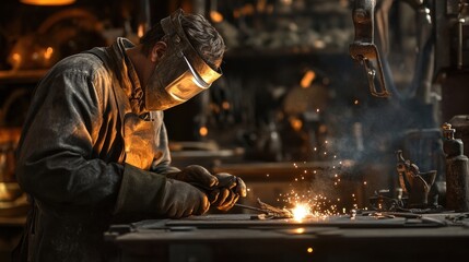 metalworker welding in industrial workshop