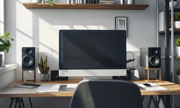 Modern Home Office Setup with iMac, Speakers, and Natural Light