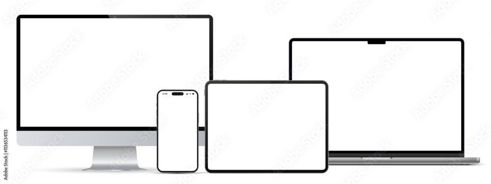 Poster Modern laptop computer, monitor, tablet pc and mobile phone mockup front view, notebook mockup and phone device mockup ui ux app, digital devices screen template isolated on transparent - vector