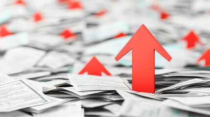 A red arrow is on top of a pile of papers