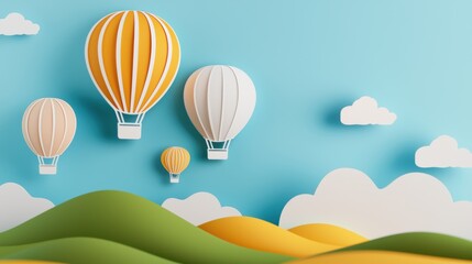 Colorful hot air balloons over hills papercut style landscape