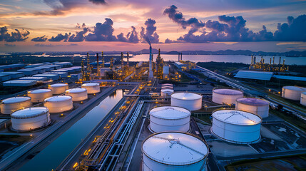 Industrial Refinery at Dusk: Aerial view of a large-scale oil refinery complex at sunset, showcasing the vast network of tanks, pipelines, and processing units against a dramatic sky.
