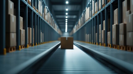 Fototapeta premium Warehouse operations conveyor belt action amidst boxes indoor