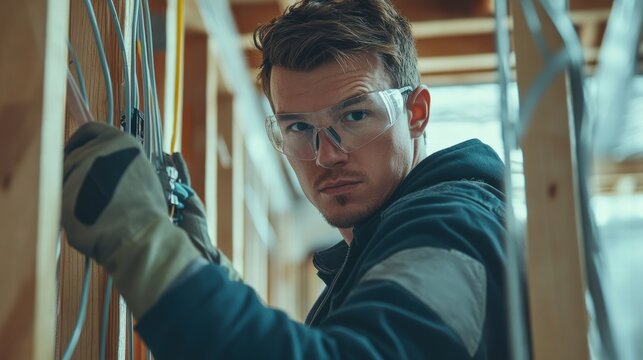electrician working on electrical wiring in new construction