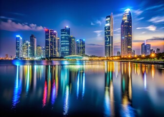 Fototapeta premium Incheon Cityscape Night Photography, Long Exposure Sea View, Oido Siheung Korea, Stunning Modern Architecture, Coastal Panorama