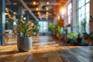 Fototapeta premium A potted plant sits on a wooden table in a room with a lot of greenery