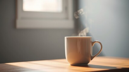 Obraz premium A steaming mug of hot beverage on a sunlit wooden surface near a window