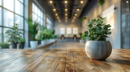 Fototapeta premium A potted plant sits on a wooden table in a large room with lots of greenery
