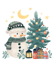 watercolor painting of a snowman and christmas tree